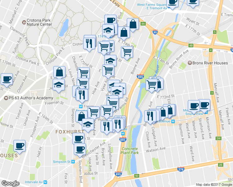 map of restaurants, bars, coffee shops, grocery stores, and more near 1452 Longfellow Avenue in Bronx