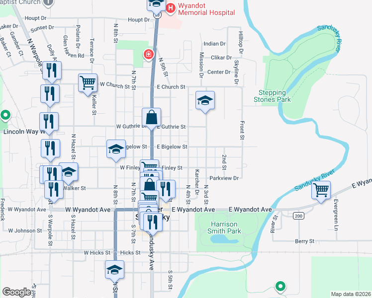 map of restaurants, bars, coffee shops, grocery stores, and more near 334 North 4th Street in Upper Sandusky
