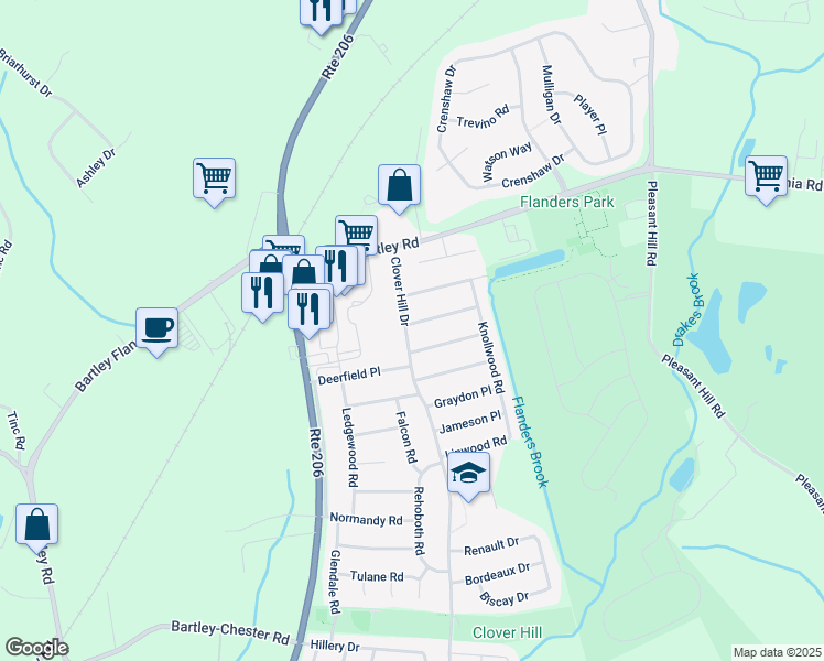 map of restaurants, bars, coffee shops, grocery stores, and more near 174 Clover Hill Drive in Mount Olive