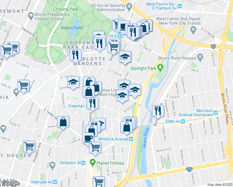 map of restaurants, bars, coffee shops, grocery stores, and more near 1453 Bryant Avenue in Bronx