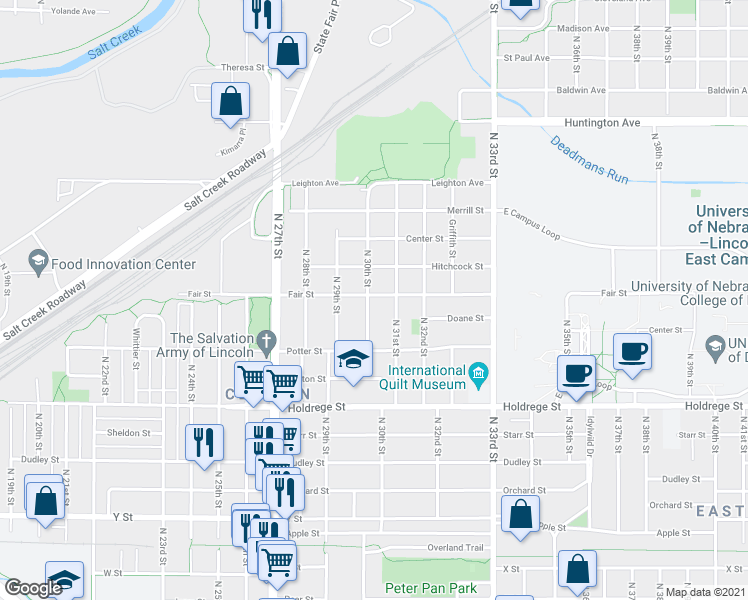 map of restaurants, bars, coffee shops, grocery stores, and more near 1828 North 30th Street in Lincoln