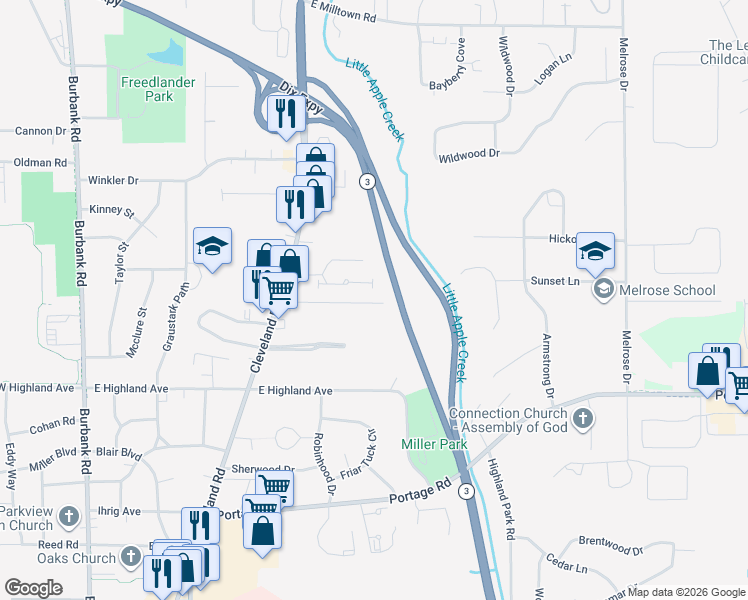map of restaurants, bars, coffee shops, grocery stores, and more near 1014 Northview Drive in Wooster
