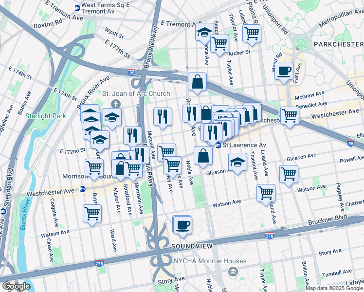 map of restaurants, bars, coffee shops, grocery stores, and more near 1265 Noble Avenue in Bronx