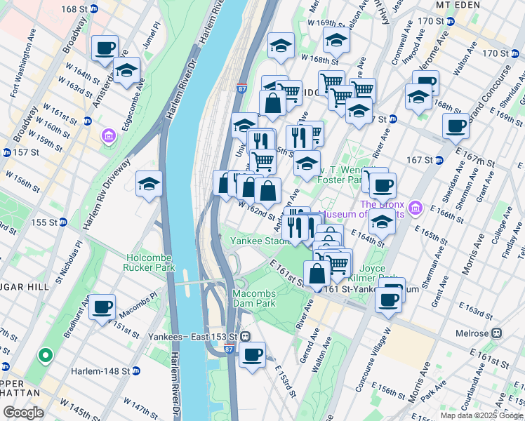 map of restaurants, bars, coffee shops, grocery stores, and more near 953 Woodycrest Avenue in Bronx