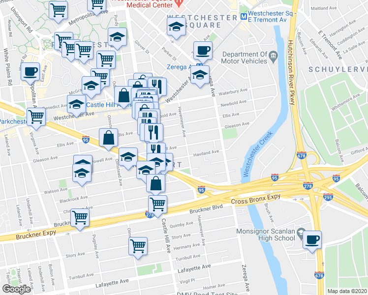 map of restaurants, bars, coffee shops, grocery stores, and more near 1151 Havemeyer Avenue in Bronx