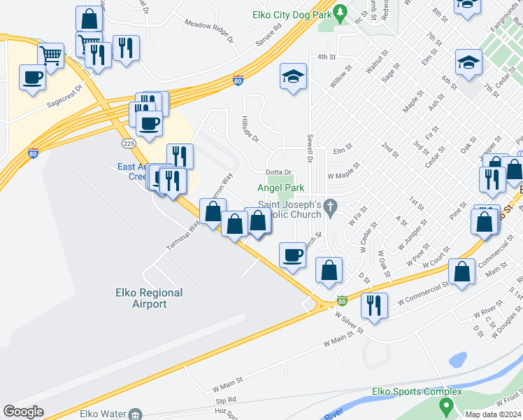 map of restaurants, bars, coffee shops, grocery stores, and more near 1260 West Sage Street in Elko