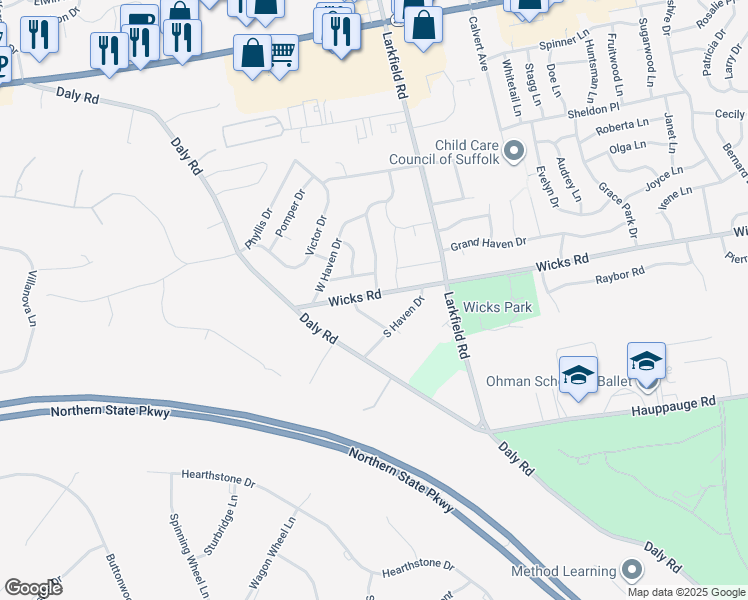 map of restaurants, bars, coffee shops, grocery stores, and more near 24 Wicks Road in East Northport