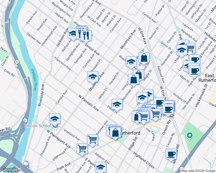 map of restaurants, bars, coffee shops, grocery stores, and more near 176 Fairview Avenue in Rutherford