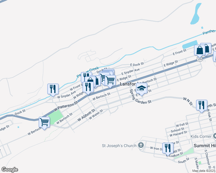 map of restaurants, bars, coffee shops, grocery stores, and more near 28 West Ridge Street in Lansford