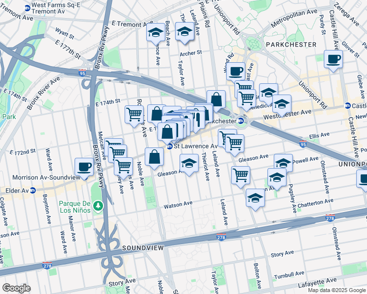 map of restaurants, bars, coffee shops, grocery stores, and more near 1252 Beach Avenue in Bronx