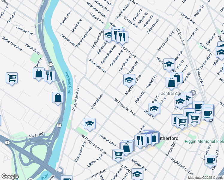 map of restaurants, bars, coffee shops, grocery stores, and more near 219 Hollister Ave in Rutherford