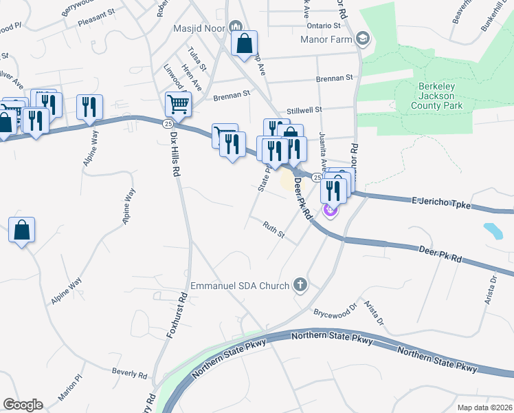 map of restaurants, bars, coffee shops, grocery stores, and more near 39 State Place in Huntington