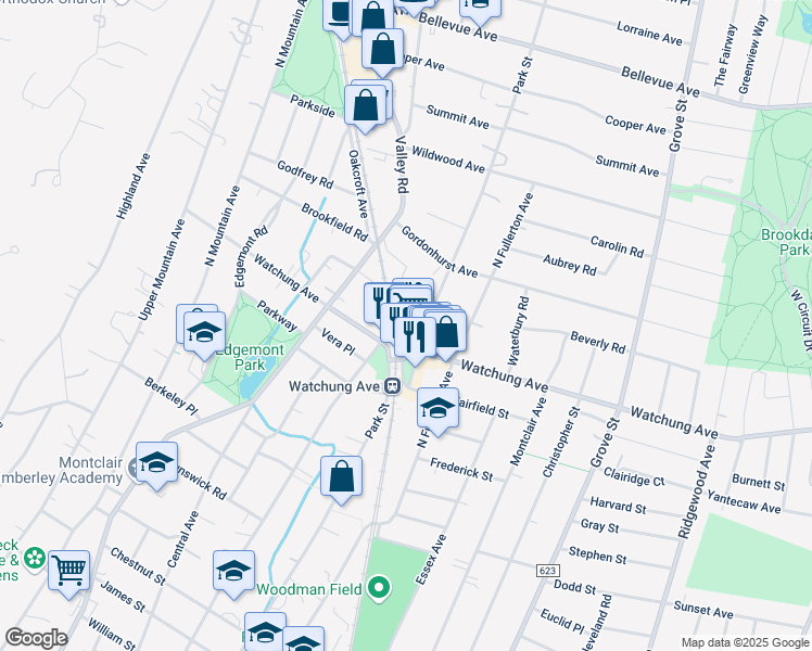 map of restaurants, bars, coffee shops, grocery stores, and more near 258 Park Street in Montclair