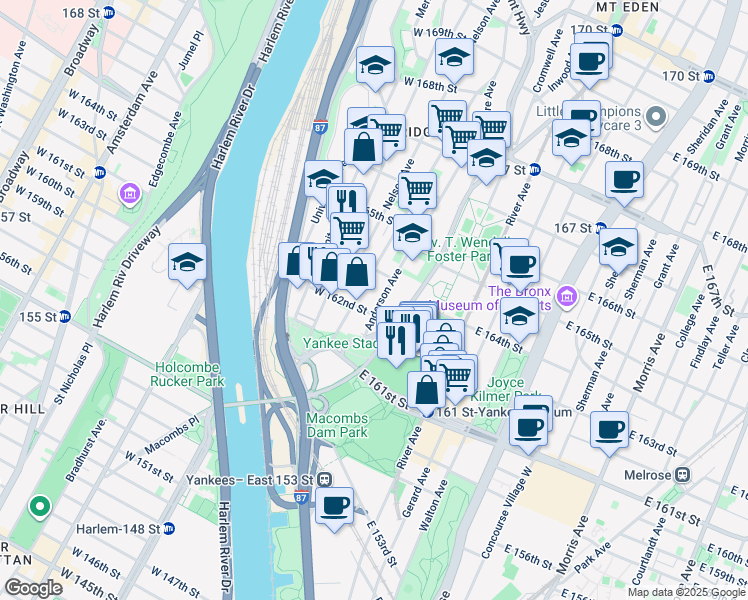 map of restaurants, bars, coffee shops, grocery stores, and more near 966 Anderson Avenue in Bronx