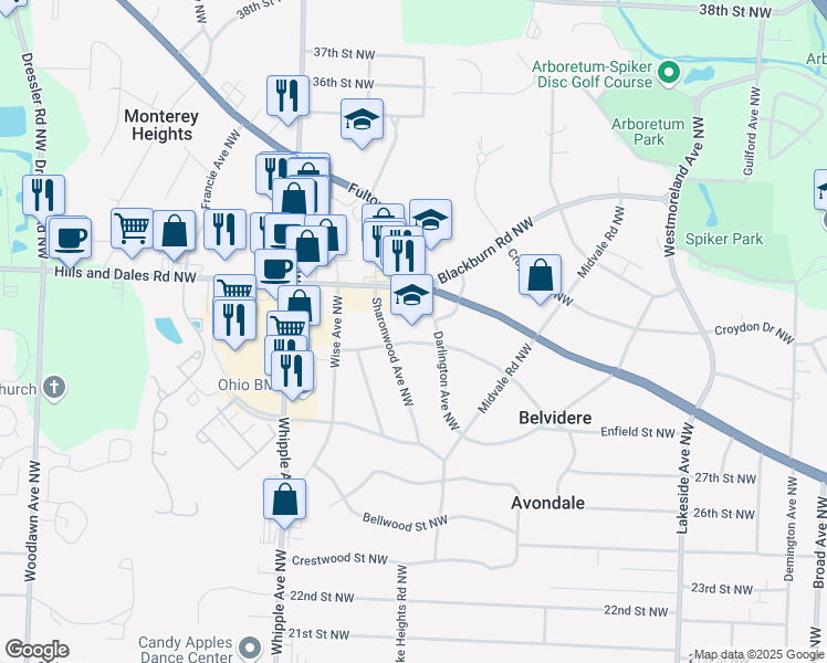 map of restaurants, bars, coffee shops, grocery stores, and more near 3933 Eaton Drive Northwest in Canton