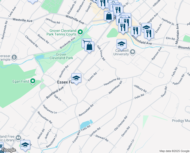 map of restaurants, bars, coffee shops, grocery stores, and more near 16 Essex Road in Essex Fells