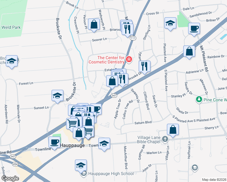 map of restaurants, bars, coffee shops, grocery stores, and more near 522 Nesconset Highway in Smithtown