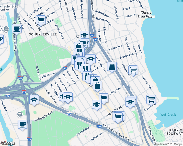 map of restaurants, bars, coffee shops, grocery stores, and more near 2926 Barkley Avenue in Bronx