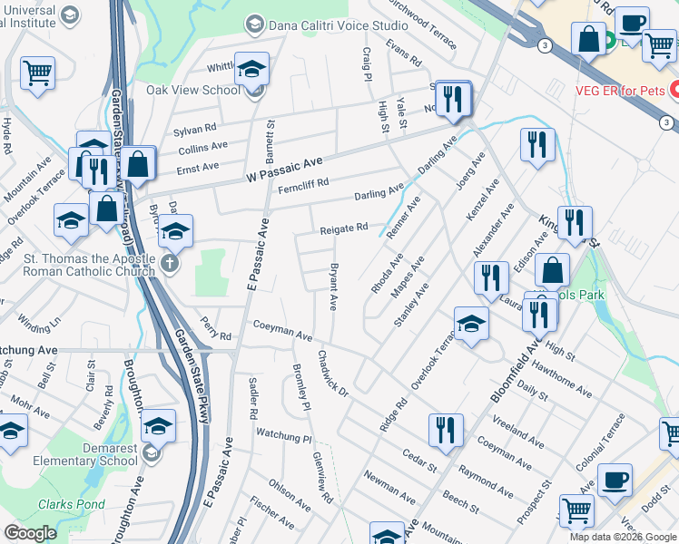 map of restaurants, bars, coffee shops, grocery stores, and more near 69 Bryant Avenue in Bloomfield