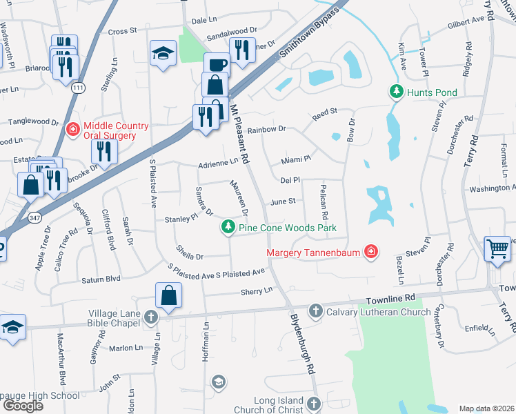 map of restaurants, bars, coffee shops, grocery stores, and more near 28 Maureen Drive in Hauppauge