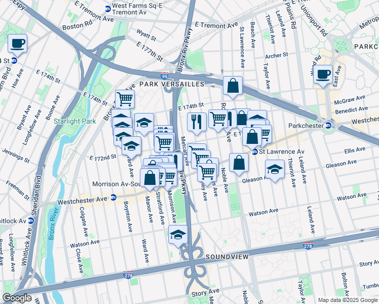 map of restaurants, bars, coffee shops, grocery stores, and more near 1266 Fteley Avenue in Bronx