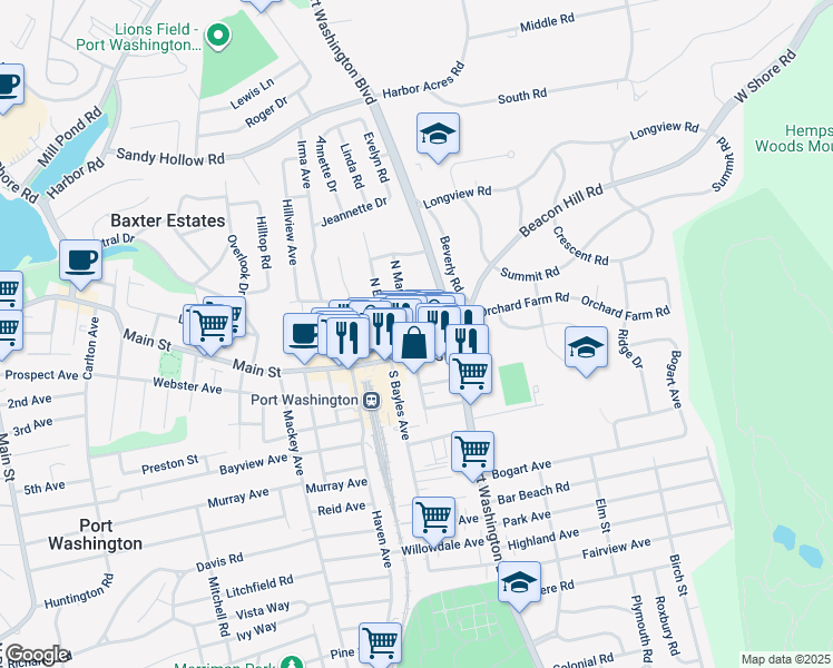 map of restaurants, bars, coffee shops, grocery stores, and more near 6 North Maryland Avenue in Port Washington