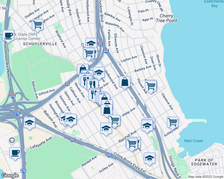 map of restaurants, bars, coffee shops, grocery stores, and more near 927 Logan Avenue in The Bronx