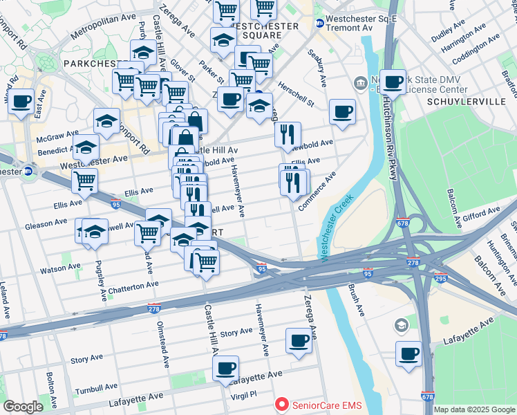 map of restaurants, bars, coffee shops, grocery stores, and more near 2332 Powell Avenue in Bronx