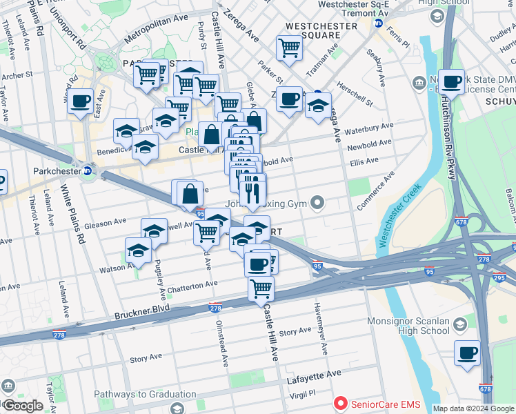 map of restaurants, bars, coffee shops, grocery stores, and more near 1177 Castle Hill Avenue in Bronx