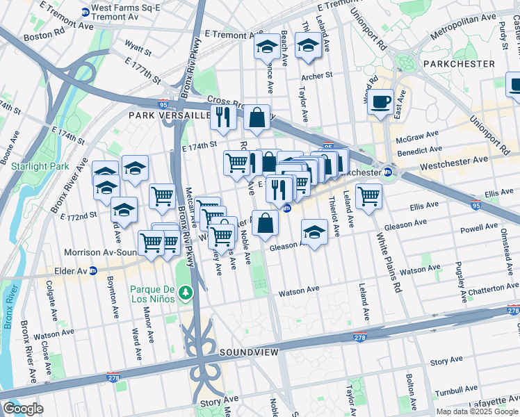 map of restaurants, bars, coffee shops, grocery stores, and more near 1256 Rosedale Avenue in Bronx