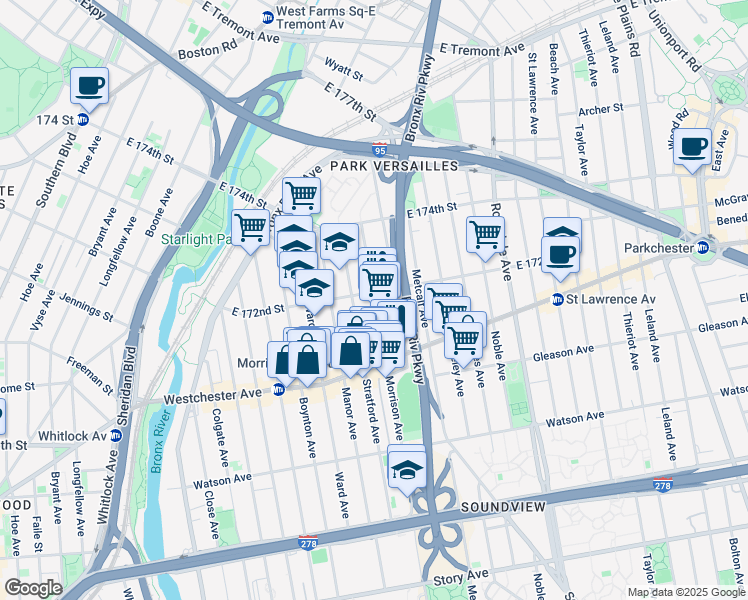 map of restaurants, bars, coffee shops, grocery stores, and more near in The Bronx