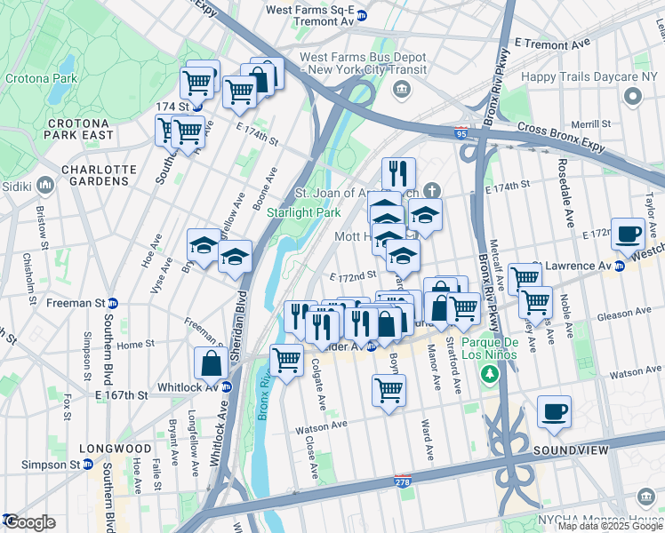 map of restaurants, bars, coffee shops, grocery stores, and more near in Bronx
