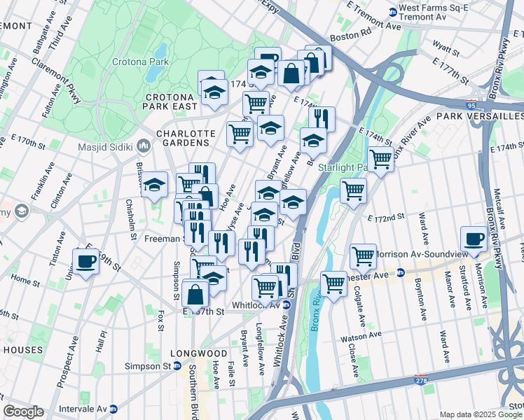 map of restaurants, bars, coffee shops, grocery stores, and more near 1452 Longfellow Avenue in Bronx
