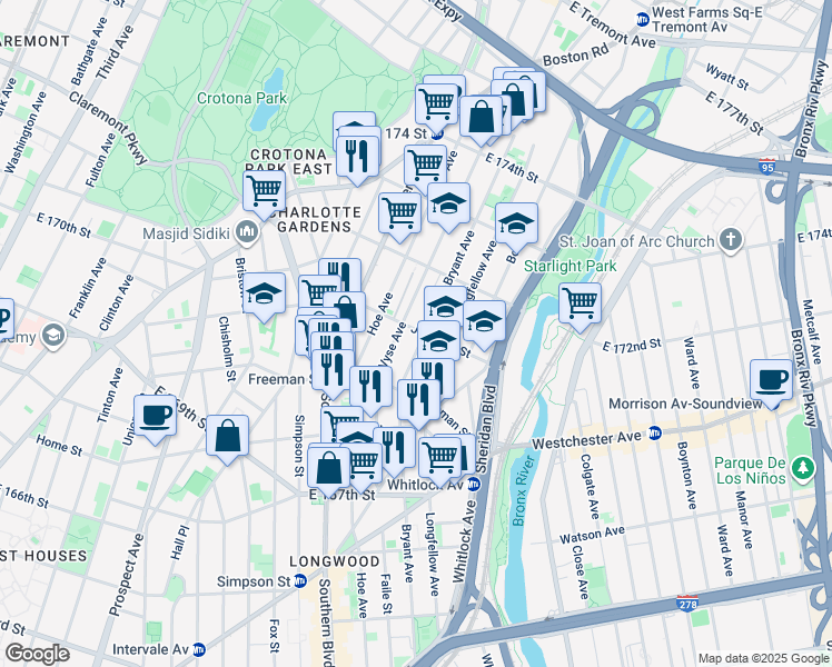 map of restaurants, bars, coffee shops, grocery stores, and more near 1453 Bryant Avenue in Bronx