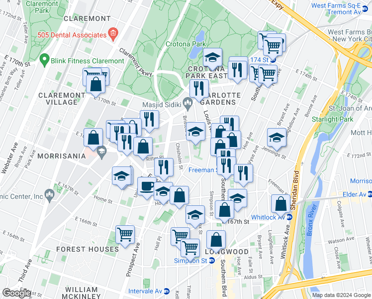 map of restaurants, bars, coffee shops, grocery stores, and more near 1330 Bristow Street in Bronx