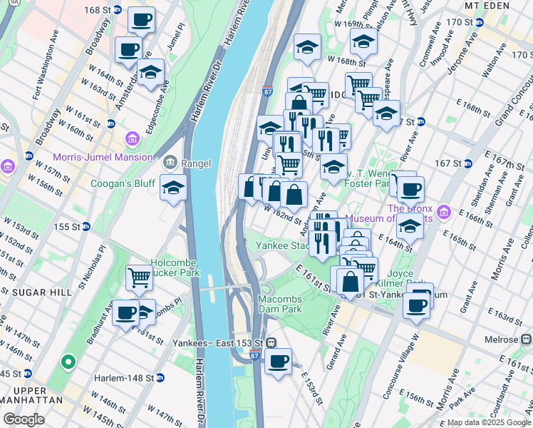 map of restaurants, bars, coffee shops, grocery stores, and more near 943 Ogden Avenue in Bronx