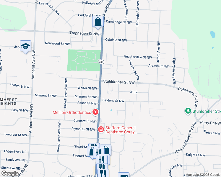map of restaurants, bars, coffee shops, grocery stores, and more near 8020 Stuhldreher Street Northwest in Massillon