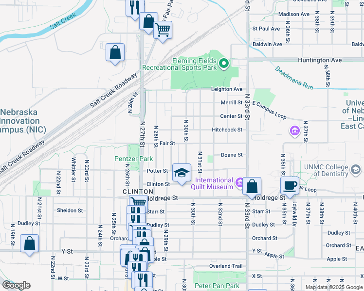 map of restaurants, bars, coffee shops, grocery stores, and more near 1828 North 30th Street in Lincoln