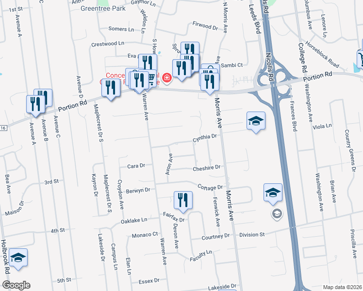 map of restaurants, bars, coffee shops, grocery stores, and more near 18 Cynthia Drive in Farmingville