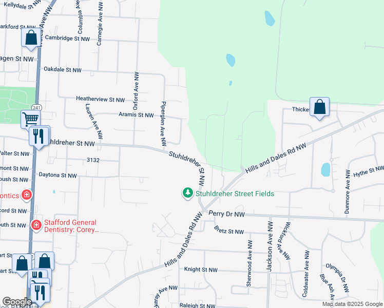map of restaurants, bars, coffee shops, grocery stores, and more near 7415 Stuhldreher Street Northwest in Massillon