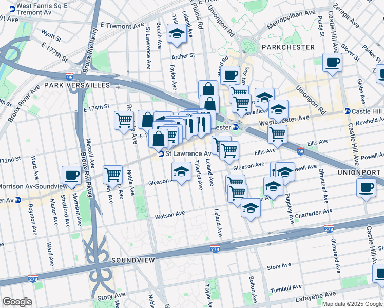 map of restaurants, bars, coffee shops, grocery stores, and more near 1249 Thieriot Avenue in Bronx