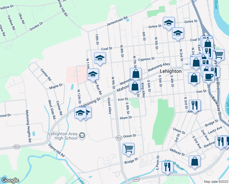 map of restaurants, bars, coffee shops, grocery stores, and more near 899 Mahoning St in Lehighton