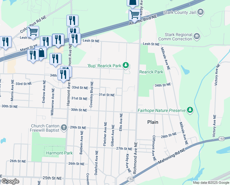 map of restaurants, bars, coffee shops, grocery stores, and more near 3109 Gilbert Circle Northeast in Canton