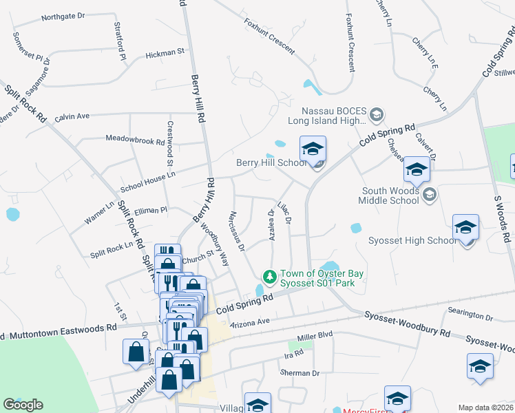 map of restaurants, bars, coffee shops, grocery stores, and more near 17 Wisteria Pl in Syosset