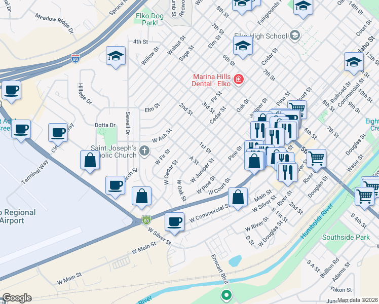 map of restaurants, bars, coffee shops, grocery stores, and more near 876 A Street in Elko