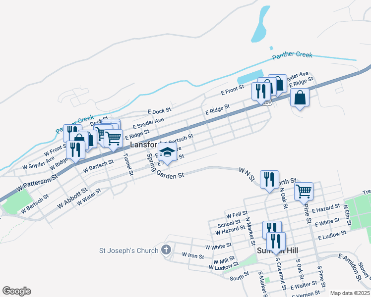 map of restaurants, bars, coffee shops, grocery stores, and more near 246 East Kline Avenue in Lansford