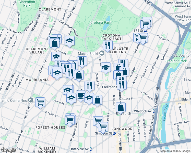 map of restaurants, bars, coffee shops, grocery stores, and more near 1333 Chisholm Street in Bronx