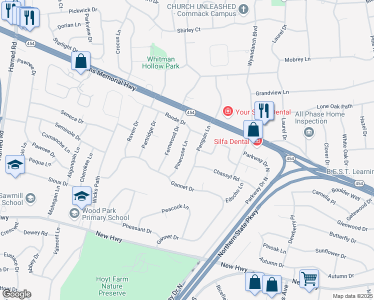 map of restaurants, bars, coffee shops, grocery stores, and more near 9 Pinecone Lane in Commack