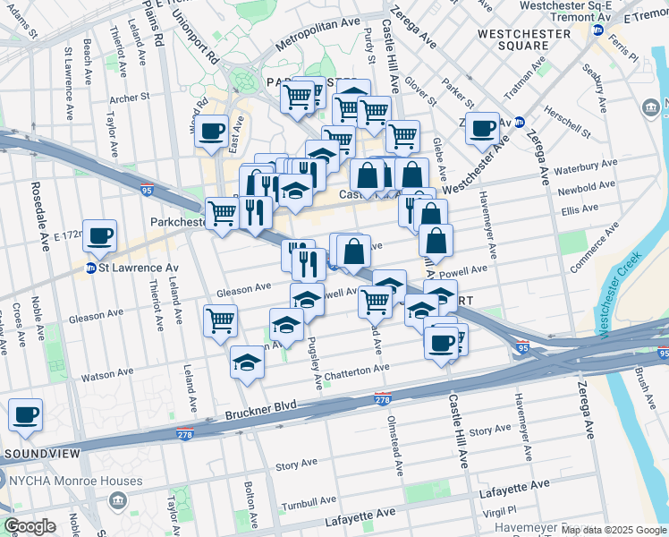 map of restaurants, bars, coffee shops, grocery stores, and more near 2044 Cross Bronx Expressway in Bronx