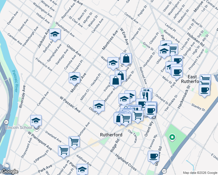 map of restaurants, bars, coffee shops, grocery stores, and more near 125 Irving Place in Rutherford